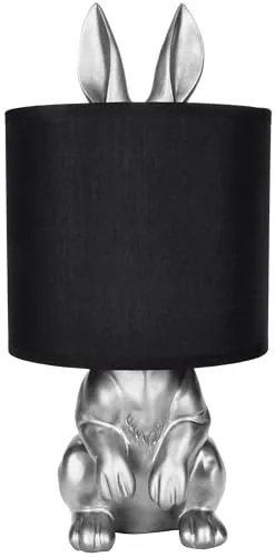 BRUBAKER Tisch- oder Nachttischlampe Goldener Hase - Tischleuchte mit Keramikfuß und Stoffschirm - 42 cm Höhe, Schwarz Silber