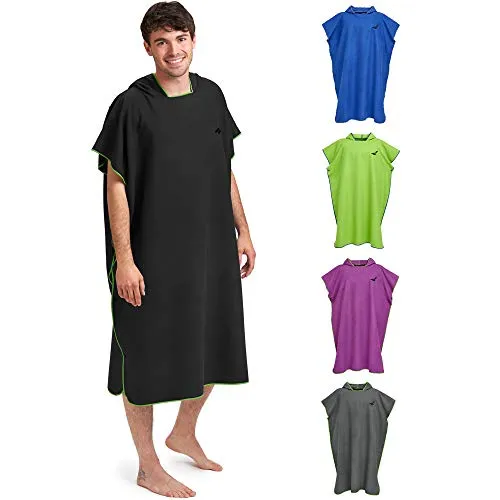 Fit-Flip Strandponcho für Erwachsene mit Kapuze - schnelltrocknend, kompakt und Ultraleicht - Badeponcho aus Mikrofaser für Damen und Herren (Größe L, Schwarz/Grün)