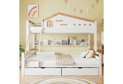 Redom Etagenbett Weiß, 90x200 cm, für Kinder- & Jugendzimmer - Praktisches Etagenbett aus Holzwerkstoff in Weiß mit zwei Liegeflächen. Ideal für Geschwister oder Übernachtungsbesuch. Offene Regale und Schubladen bieten zusätzlichen Stauraum. Sicherheit durch Fallschutz und stabile Konstruktion.