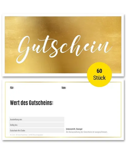 Frank Paperman Geschenkkarte mit Goldfolienprägung - Hochwertige Gutscheine aus 100% Recyclingpapier, ideal für verschiedene Branchen. Exklusive Goldprägung und rechtssichere Gestaltung für eine professionelle Präsentation.