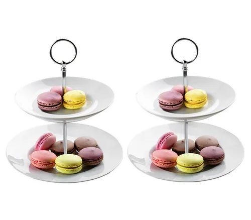 Home4You Etagere Servier-Ständer, 2er Set, H 23 cm, Weiß, 2 Etagen, Porzellan, Metall, für Desserts, Obst, Kuchen, Süßigkeiten