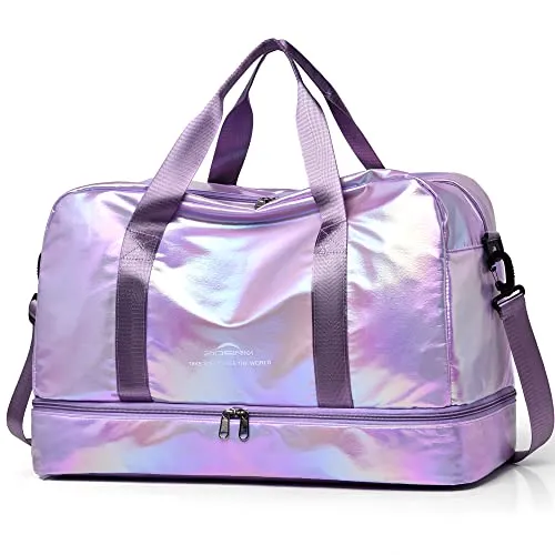 ZIOSINM Sporttasche Damen, 40L Reisetasche Damen Weekender, Glitzer Sporttasche mit Schuhfach und Nassfach, Saunatasche Schwimmtasche Trainingstasche Fitnesstasche Gym Travel Bag (Lila)