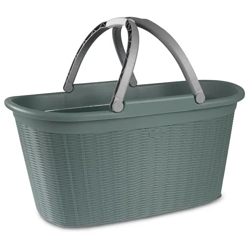Wäschekorb 35 Liter grün mit 2 Henkeln - 57,5x37x29 cm Rattan-Design ohne Löcher - aus recyceltem Kunststoff Haushaltskorb Wäschewanne Tragekorb Wäschesammler Wäschesortierer Wäschebox - Aufbewahrung