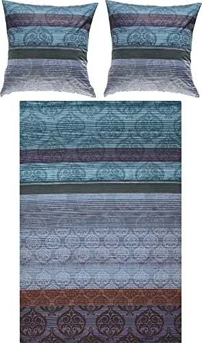 Erwin Müller Bettwäsche, Bettgarnitur Mako-Satin Ornamente blau-braun-violett Größe 80x80 cm / 200x200 cm - feinste Baumwolle, angenehmes Schlafklima, mit praktischem Reißverschluss