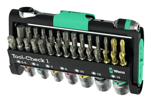 Wera Bitset Tool-Check 1, 38-teilig - Schlitz, Kreuz, Torx, Steckschlüssel - Multitools mit 25mm Bits, 1/4 Zoll Ratsche und schnellem Bitwechsel. Ideal für beengte Schraubsituationen mit extraharten Bits und robuster Tool-Check Aufbewahrung.