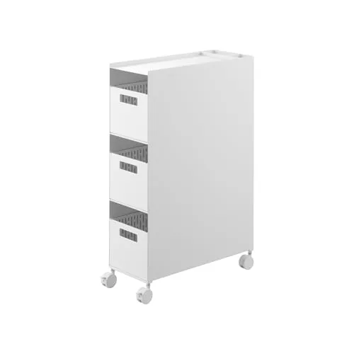 Yamazaki Tower 3-stöckiges Aufbewahrungsregal mit Körben und Rollen, weiß - Praktisches 3-stöckiges Regal aus Stahl mit Körben für optimale Organisation. Mit Rollen für mühelose Mobilität und kompakten Maßen von 16,6 x 43 x 58 cm, ideal für die Küche.