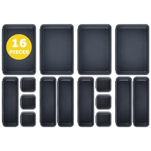 Schubladen-Organizer Set Ordnungssystem, AufbewahrungsBox, 16-teiliges Schubladen Organizer Küche, 3 Größen, Verstellbar, Rutschfester Organizer Box Für Schreibtisch, Badezimmer, Büro,Utensilien