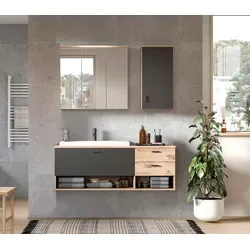 xonox.home Badezimmer Grado 3tlg. Badmöbel Set - Komplettprogramm für Badezimmer mit Spiegelschrank, Hängeschrank und Waschbeckenunterschrank. Bietet großzügigen Stauraum und ist pflegeleicht sowie nassraumgeeignet.