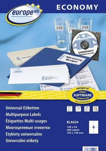 Europe 100 ELA024 Universal-Etiketten 105 x 148.5mm Papier Weiß 400 St. Permanent haftend Tintenstrahldrucker, Laserdrucker
