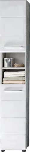 trendteam Bad Hochschrank Nano Beton Stone Melamin/Weiß Hochglanz Tiefzieh 32 x 182 x 28 cm