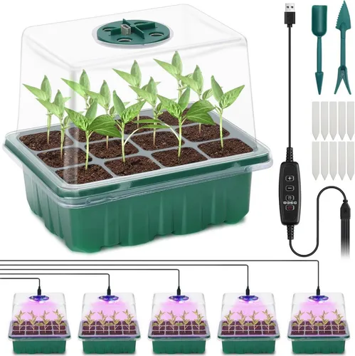 Produktbild Mini Zimmergewächshaus Anzuchtkasten Set mit Pflanzenlichtern 5er Pack