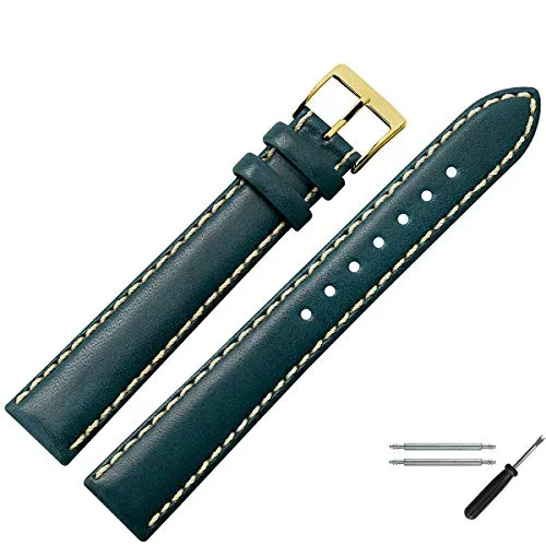 MARBURGER Uhrenarmband 20mm Leder Blau Gold XL Glatt Mit Naht - Montage Set 8022051000220