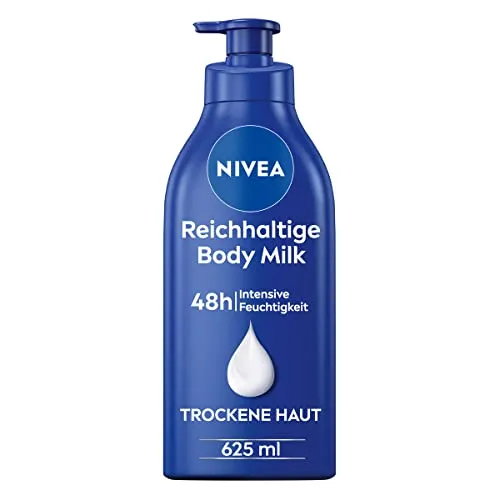 NIVEA Reichhaltige Body Milk (625 ml) - 48h Feuchtigkeitspflege - Körperlotion mit 5 in 1 Formel, angereichert mit Mandelöl und Vitamin E für langanhaltende Feuchtigkeit und geschmeidige Haut.