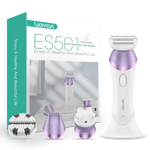 VOYOR Damenrasierer Elektrisch Intimrasierer für Frauen 4 in 1 Rasierer Damen Elektrisch Trimmer, Gesichtsbürste,Massage Armen Beinen Achseln Intimbereich Bikinizone 2 Drehzahl ES501 (Lila)