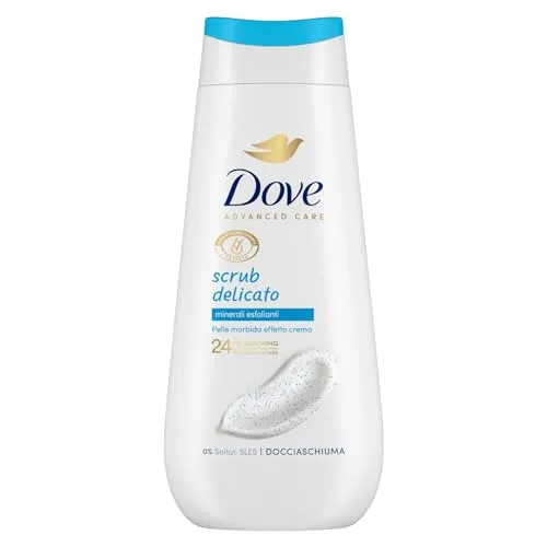 Dove Sanftes Peeling, feuchtigkeitsspendendes Duschgel, milde Formel auf dem Hautmikrobiom, mit pflanzlichen feuchtigkeitsspendenden Wirkstoffen, ohne SLES, Duschbad für Damen und Herren, 225 ml