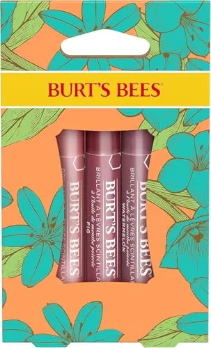 Burt's Bees Lippenfarben-Geschenkset, 3 Lippenschimmer in Pfingstrosen-, Rhabarber- und Feigenfarben, Blütenblattküsse, 3 x 2,6 g