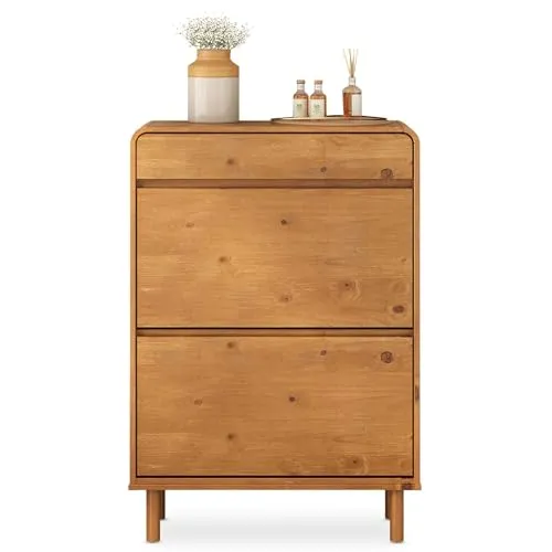 Schuhkipper NAEL mit 2 Klappen und Schublade – Platzsparender Schuhschrank aus Kiefernholz - Kompakter Schuhkipper mit 80 x 114 x 30 cm, ideal für Flur und Diele. Bietet Platz für bis zu 14 Paar Schuhe und hat eine natürliche eichefarbene Oberfläche für ein behagliches Ambiente.