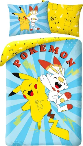 Pokémon Bettbezug Pikachu & Scorbunny 140 x 200 cm - Bettwäsche für Pokémon-Fans, aus 100% Baumwolle mit doppelseitigem Druck und extra großem Kissenbezug – ein echter Blickfang für Ihr Schlafzimmer!
