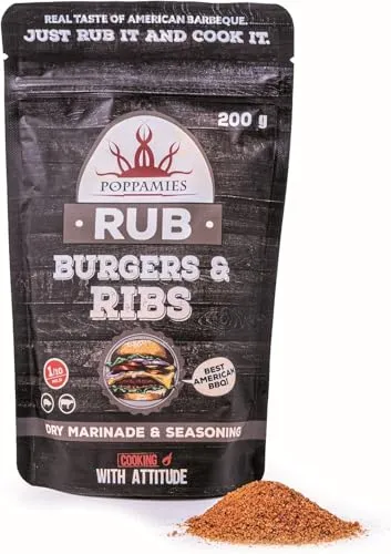 Poppamies Burger's & Ribs BBQ Rub - 100% natürliches BBQ-Gewürz - Trockene Marinade & perfektes Gewürz für Rind- Bestes Barbecue -Große Packung (200g)