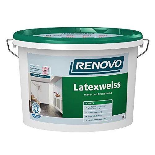 Renovo Wand- und Deckenfarbe Mattlatex weiß 5,0 Ltr. - Farben - Strapazierfähige Latexfarbe mit extrem hoher Deckkraft, ideal für Innenräume und perfekt für Wände mit höherer Beanspruchung. Einfach zu verarbeiten und lösemittelfrei.