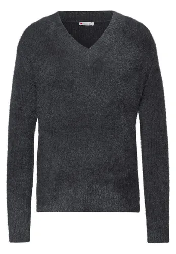 Street One Damen 3015650 V-Neck Pullover in Gravel Grey - Kuscheliger Damenpullover aus weicher Federgarn-Qualität mit V-Ausschnitt, ideal für gemütliche Tage und vielseitig kombinierbar.