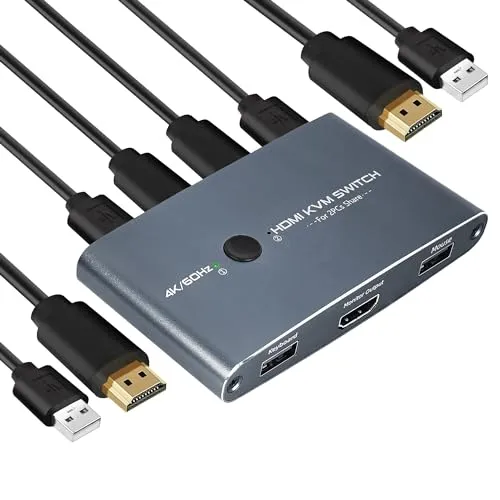 Port KVM Switch 4K 60Hz, Aluminium HDMI KVM Switch USB HDMI Umschalter für 2 Computer teilen 1 HD Monitor und Tastatur, Maus, Drucker, U-Disk 2