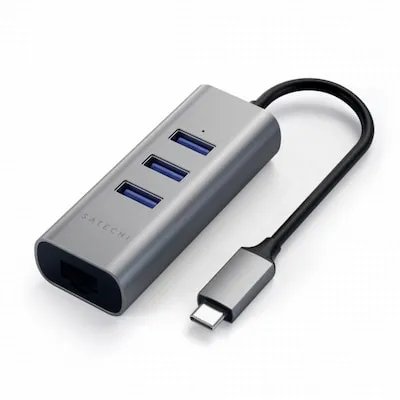 Satechi USB-C 2-in-1 Hub mit Ethernet (Space Grey) - USB-Hub mit 1 Gigabit-Ethernet-Anschluss und 3 USB 3.0 Ports für schnelle Datenübertragungen. Elegantes Aluminium-Design ideal für Apple-Produkte und mobiles Arbeiten.