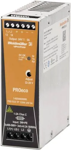 Weidmüller PRO ECO 120W 24V 5A Hutschienen-Netzteil - Hochleistungsfähiges Schaltnetzgerät, kompakt und ideal für Serienmaschinenbau mit umfangreichen Sicherheitsfunktionen