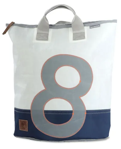 Ketsch Mini Rucksack Tasche - Weiß Blau Grau aus recyceltem Segeltuch - Nachhaltiger Rucksack aus recyceltem Segeltuch, ideal für den Strand oder den Einkauf, unisex Design, hergestellt in Deutschland.
