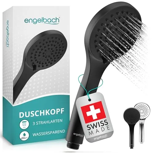 Engelbach® Duschkopf wassersparend – Hergestellt in der Schweiz | 3 Strahlarten: Sanfter Regen, Massage & Intensiv | Universal Handbrause (9L/Min), Duschbrause schwarz