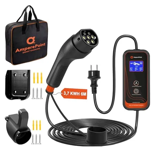 Ampere Point Mobile Wallbox 3,7 kW 16A Typ 2 - Kompakte mobile Ladestation mit 3,7 kW für Elektroautos. Flexibel einstellbare Ladeleistung von 6-16A, 6 m Ladekabel und hochwertige Tragetasche für den einfachen Transport. Ideal für Zuhause und unterwegs.