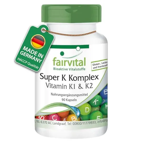 Fairvital | Vitamin K Komplex - 90 Kapseln - Super K mit Vitamin K1 & K2 MK-7-2200µg Vitamin K pro Kapsel - HOCHDOSIERT - Phytomenadion + Menaquinon MK-7 - VEGAN