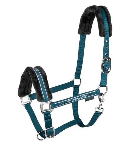 WALDHAUSEN Halfter Elegant, Petrolblau, Pony - Pferdehalfter mit weicher Polsterung aus synthetischem Fell, mehrfach verstellbar und mit stylishen Glitzersteinen für einen eleganten Look.