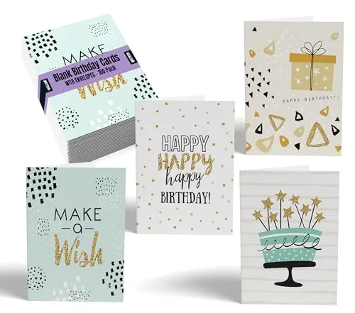 Better Office Products Happy Birthday Karten, 10,2 x 15,2 cm, 4 Cover-Designs, innen blanko, mit Umschlägen, elegante Gold-Kollektion, 100 Stück