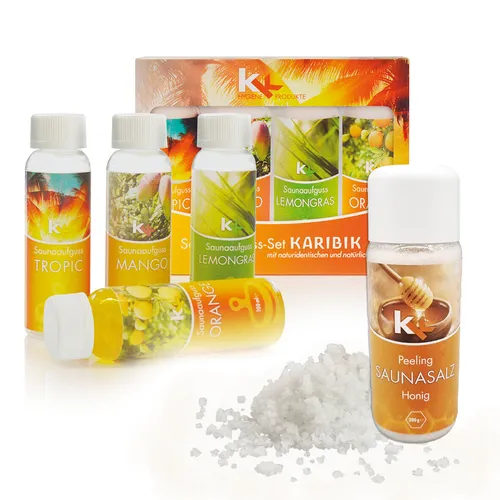KK Saunaaufguss Set Karibik Saunakonzentrat 4 x 100 ml/Flasche + 200g Sauna Salz