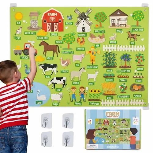 BONNYCO Filztafel mit 92 Bauernhoftiere-Figuren. Montessori-Spielzeug und Geburtstags Geschenke für Kinder von 3 bis 8 Jahren. Sensoriktafel für Autismus, Lernspiele vom Bauernhof