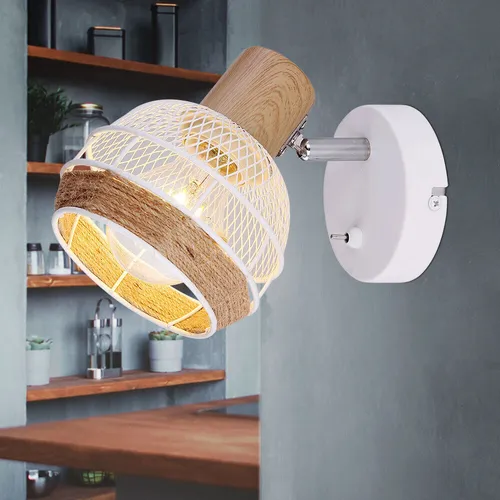 Wandleuchte Lampe schwenkbar Spot Boho Design Hanfseil Holz Schlafzimmerleuchte