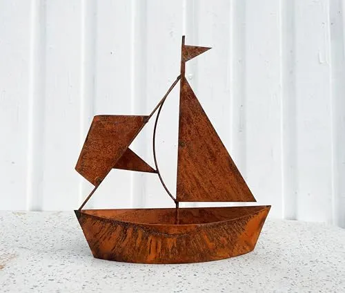 STEINFIGURENWELT GIEBEN Edelrost Schiff zum Bepflanzen 30x27cm Rost Blumentopf Segelschiff Boot Edelrost Maritime Gartendeko