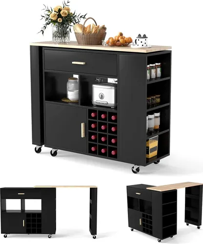 GOPLUS Kücheninsel mit Bartisch, Küchenwagen mit drehbarer Tischplatte, Regalen, Weinregal, Servierwagen mit Rädern, 120 × 40 × 100 cm (Schwarz)