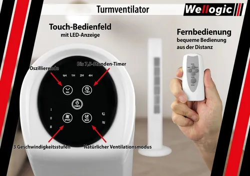 Wellogic Turmventilator Standventilator weiß mit Fernbedienung Touch-Display
