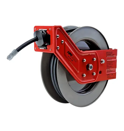 HM Müllner Druckluft-Schlauchtrommel 15m - Druckluftzubehör mit automatischer Schlauchaufrollung, 15m PVC-Hybrid-Schlauch, ideal für effizientes Arbeiten und Ordnung in der Werkstatt.