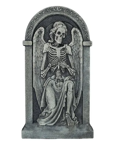 Horror-Shop Deko Grabstein mit Skelett Engel 91cm - Gestalte deine Halloween-Dekoration mit unserem 91 cm hohen Deko Grabstein. Mit einem beeindruckenden Skelett Engel und einer verwitterten Optik sorgt er für gruselige Stimmung. Ideal für drinnen und draußen, leicht und einfach zu platzieren.