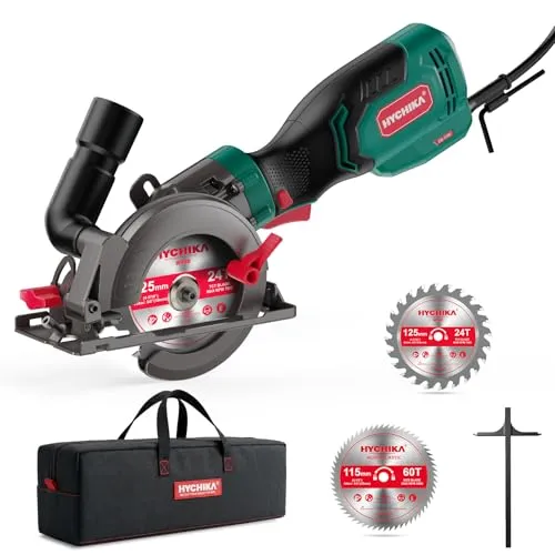 HYCHIKA Handkreissäge, 750W Mini Kreissäge 3500/min mit Tragetasche, 3 Sägeblätter 115+125mm, Führungsschiene, 48mm Schnitttiefe 90°, für Holz Weichmetall Kunststoff