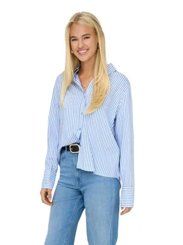ONLY Hemdbluse ONLBERIT LIFE L/S SHIRT WVN - Serenity Stripes - Modische Hemdbluse in Regular Fit aus 100% Viskose, pflegeleicht und ideal für den Alltag. Perfekt für einen lässigen Look mit gestreiftem Design.