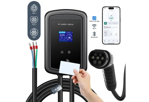 Tekoo Elektroauto-Ladestation 11kW Wallbox, 3-Phasig, Typ 2, App & RFID, Wallbox 11kW / 16A, 3-phasig, Komplettset, Inklusive 5m Ladekabel, 2x RFID-Karten und Montagematerial, App-Steuerung via Smart Life, Echtzeit-Ladedatenanzeige