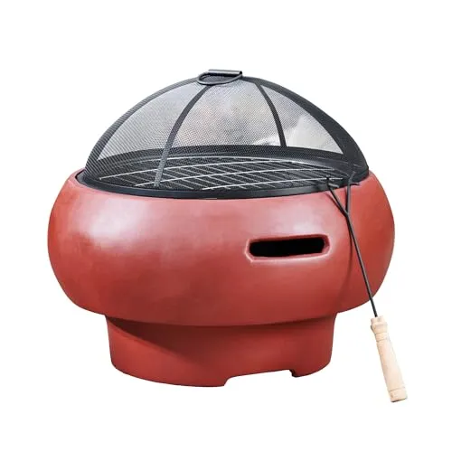 Teamson Home Runde Holzfeuerstelle mit Grill - Multifunktionale 53-cm Feuerstelle für Garten und Terrasse, ideal für Grillabende und als Außenheizung. Langlebiges Design mit abnehmbarer Feuerschale für einfache Reinigung.