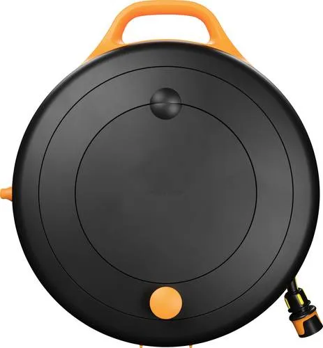 Fiskars Comfort Waterwheel S - All-Inclusive-Bewässerungs-Set - Gartenschlauch-Set mit 15 m Reichweite, automatischem Aufrollen und praktischem Zubehör für eine einfache Bewässerung von Gärten und Terrassen.