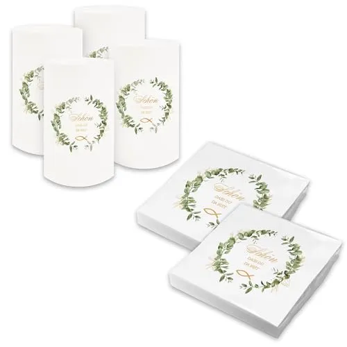 itenga Tischdeko Set - Servietten Schön dass du da bist 30 x 30cm 3-lagig 40 Stück und 6 Windlichter für Kommunion Konfirmation Hochzeit Taufe und andere Feiern (Eukalyptus Kranz - weiss)