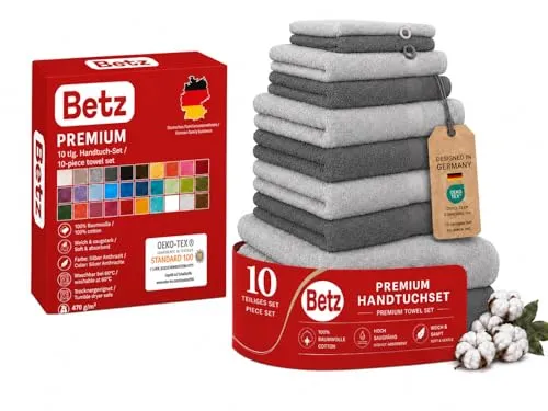 Betz Handtuch Set 10-TLG. Anthrazit & Silbergrau - Saunahandtücher in Premium-Qualität, 100% Baumwolle, 10-teiliges Set mit zwei Duschtüchern, vier Handtüchern, zwei Gästetüchern und zwei Waschhandschuhen - ideal für ein luxuriöses Badeerlebnis.