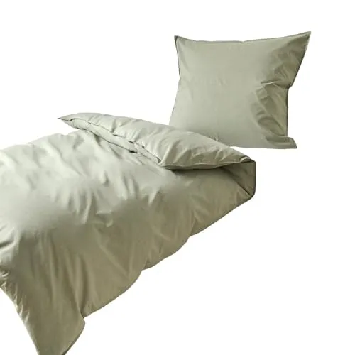 Traumschlaf Basic Uni Bettwäsche Chambray Olive - 1 Bettbezug 155 x 220 cm + 1 Kissenbezug 80 x 80 cm - Bettwäsche-Sets aus leichtem Chambray-Material, temperaturausgleichend und hautsympathisch für optimalen Schlafkomfort das ganze Jahr über.